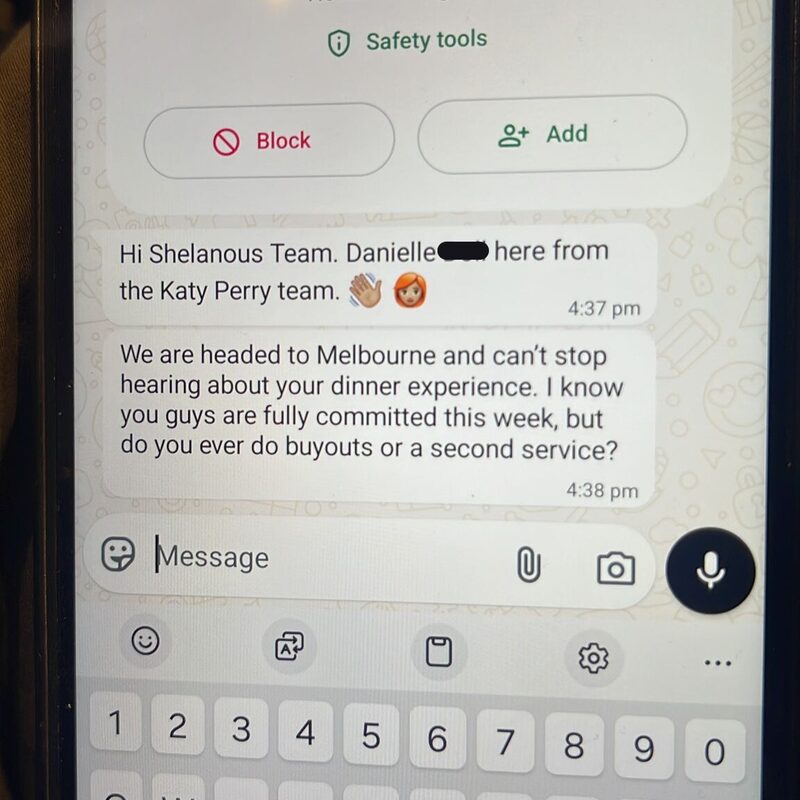 The first message from Katy Perry's team asking to book a dinner at Shelanous